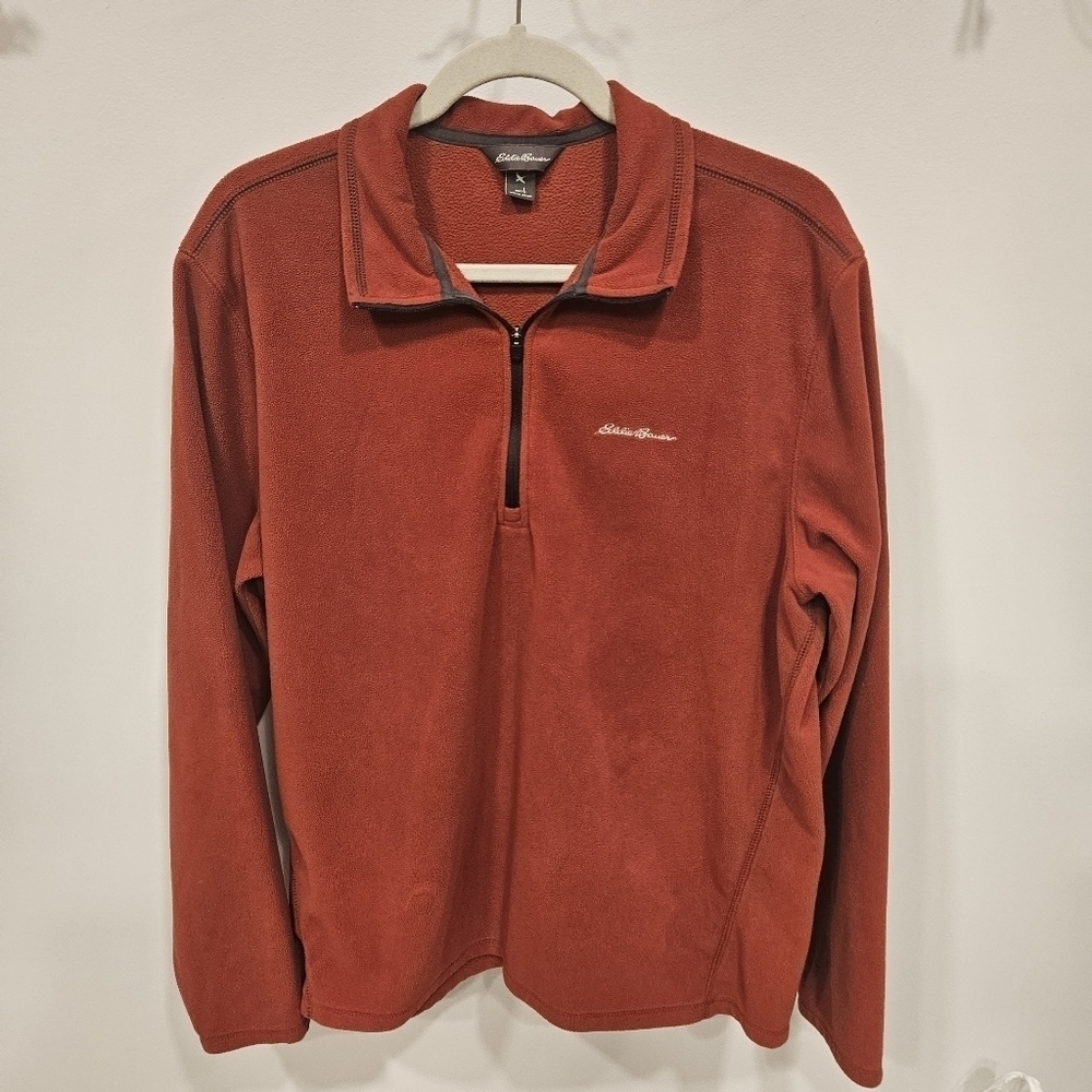 Eddie Bauer Men's Fleece Jacket Size L Orange Quarter Zip Pullover Sweater